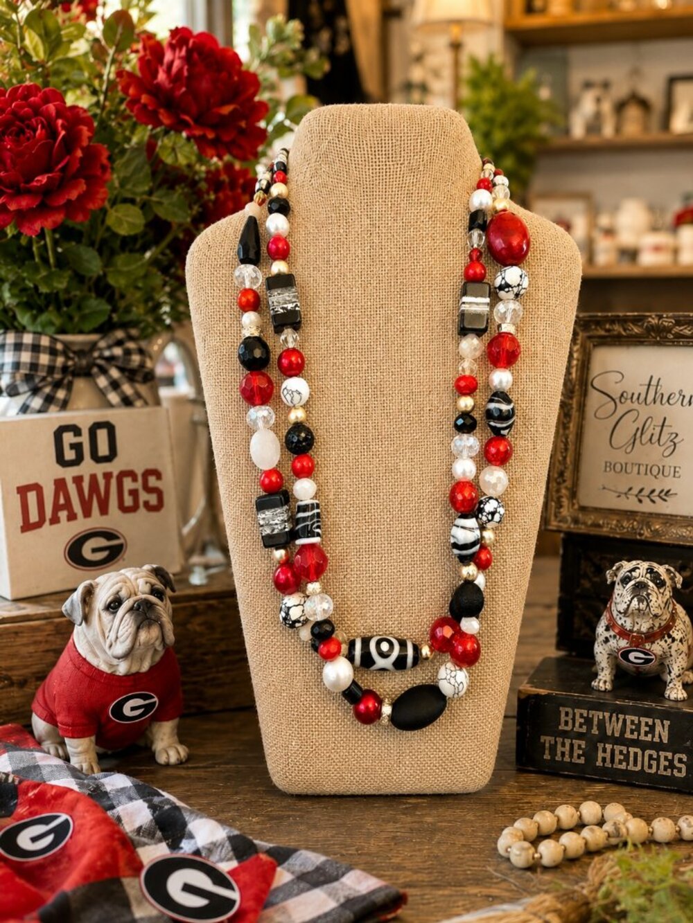 Red Black & White Beaded Necklace | Double Strand Game Day Jewelry | Georgia